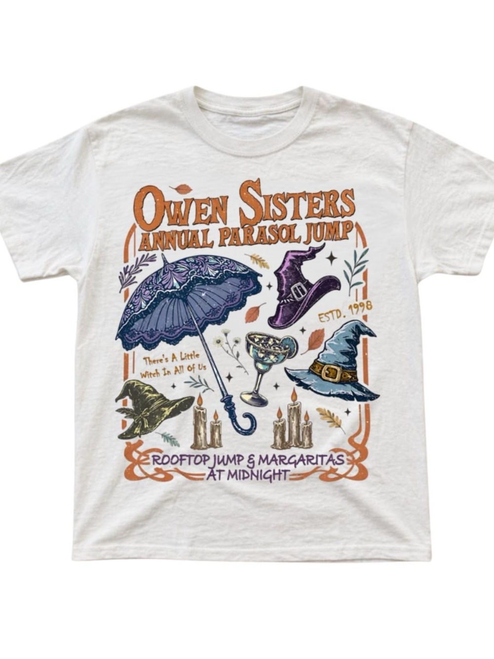 White Tee with Practical Magic and Orange, Purple, Navy Witch Hat